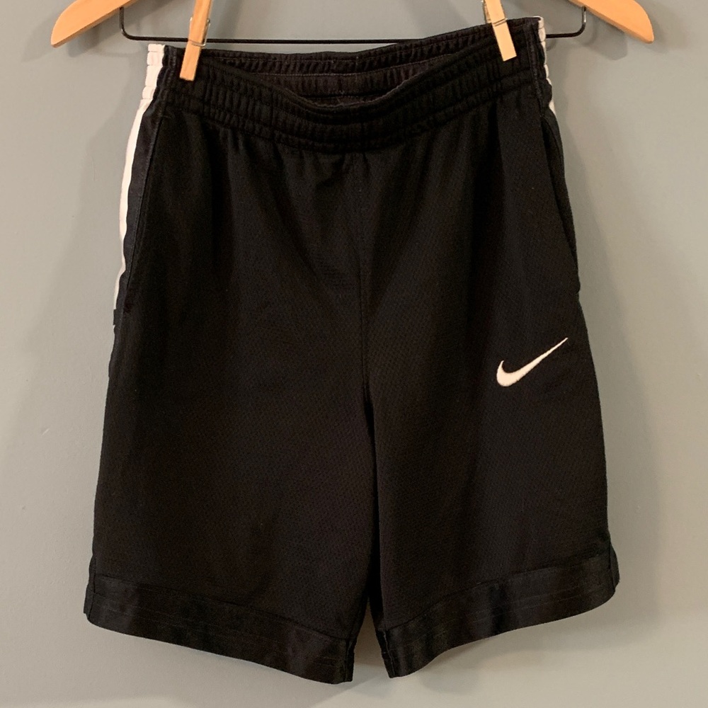 Nike Black Athletic Mesh Shorts with White Swoosh and Side Stripe